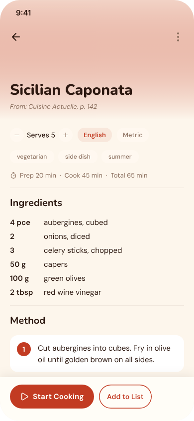 Lenti screen, Recipe detail